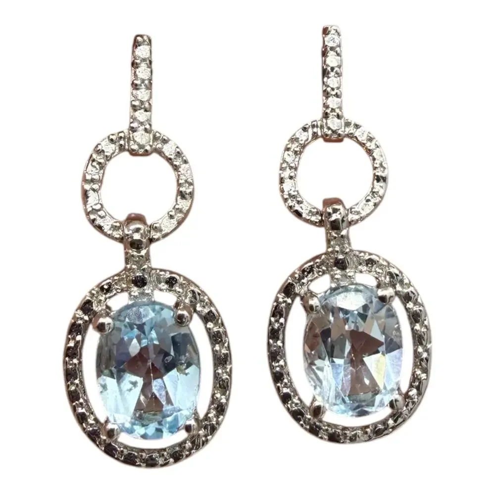 2.83ct Blue Topaz Diamond Dangle Earrings 925 Sterling Silver - NEW